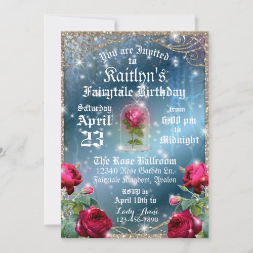 Beauty and the Beast Red Rose Enchanted Birthday Invitation