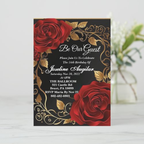 Beauty and the Beast Red Rose Sweet 16 Invitation