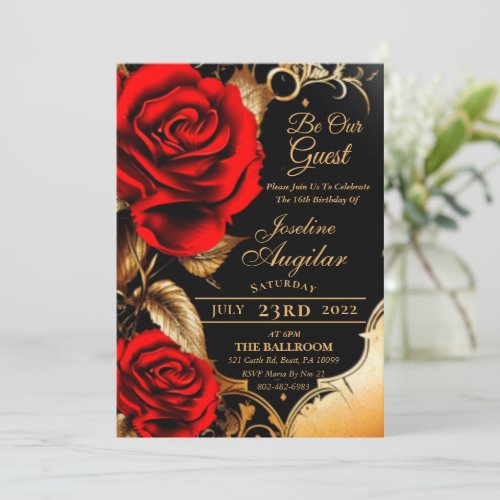 Beauty and the Beast Red Rose Sweet 16 Invitations