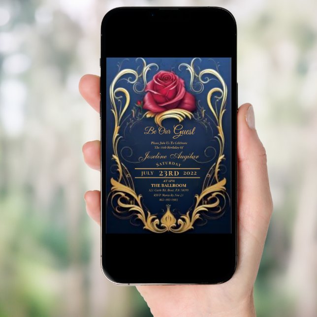 Beauty and the Beast Red Rose Sweet 16 Invitations (Front Digital)
