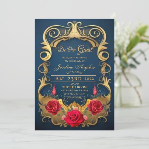 Beauty and the Beast Red Rose Sweet 16 Invitations