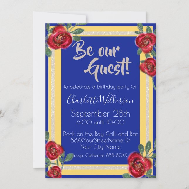 Beauty and the Beast Red Roses on Blue and Yellow Invitation (Front)