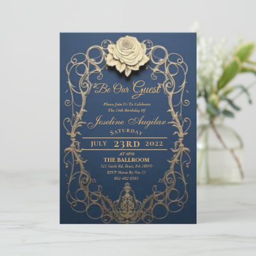 Beauty and the Beast White Gold Rose Sweet 16  Invitation
