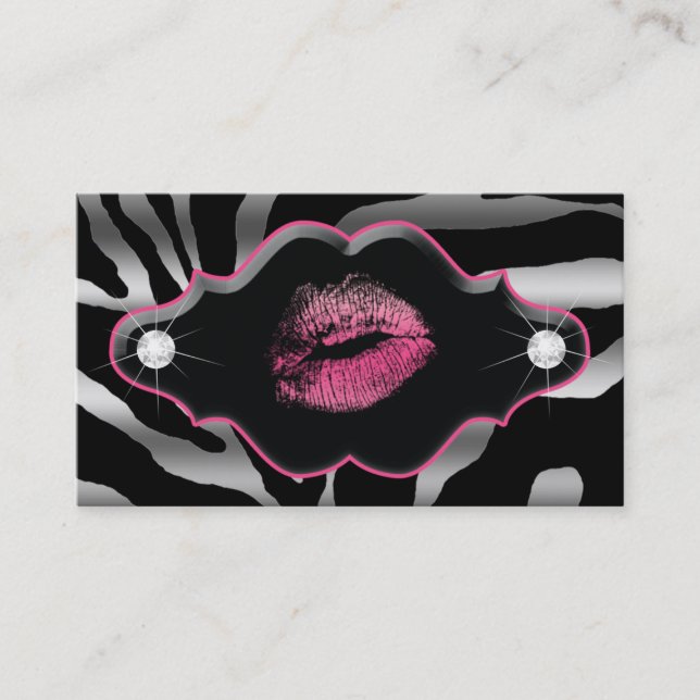 Beauty Animal Zebra Pink Lips Silver Diamonds Business Card (Front)