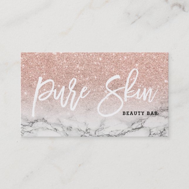 Beauty bar typography rose gold glitter marble business card (Front)