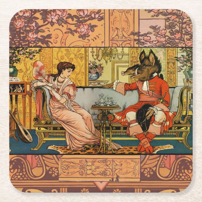Beauty Beast Classic Fairy Tale Characters Square Paper Coaster (Front)
