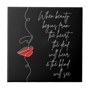Beauty begins from the heart Red Lip Line Art Ceramic Tile