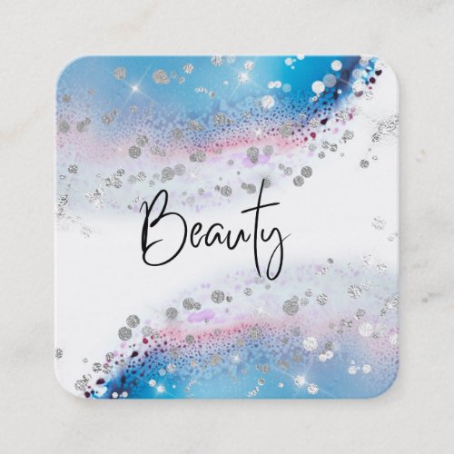  BEAUTY _ Blue Watercolor Pastel Silver Glitter Square Business Card