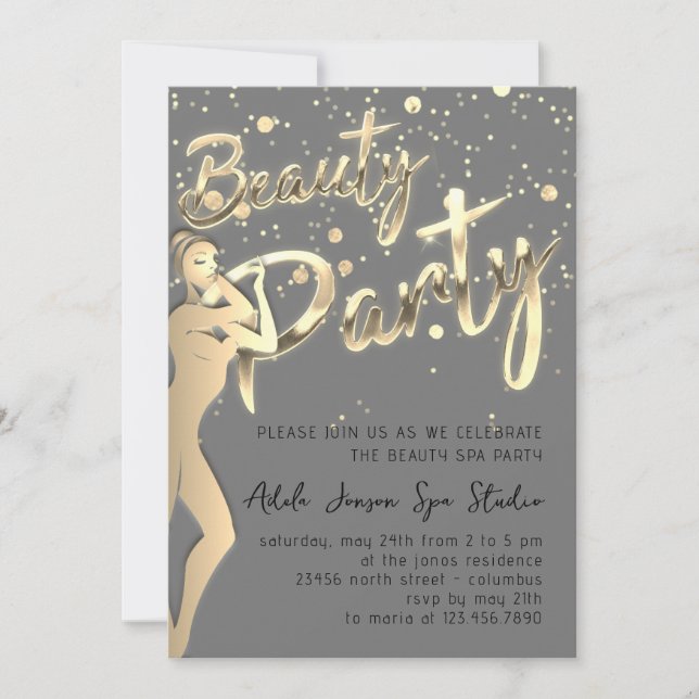 Beauty Body Party Instant Download Gold Grey Invitation (Front)