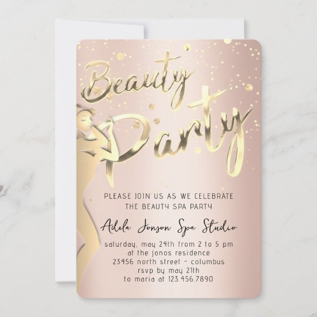 Beauty Body Party Instant Download Gold Rose Invitation (Front)