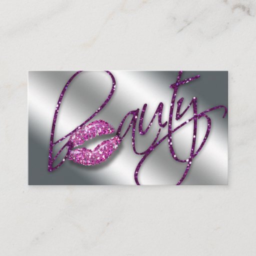 Customizable Beauty Business Card Pink Sparkle Lips Purple Text