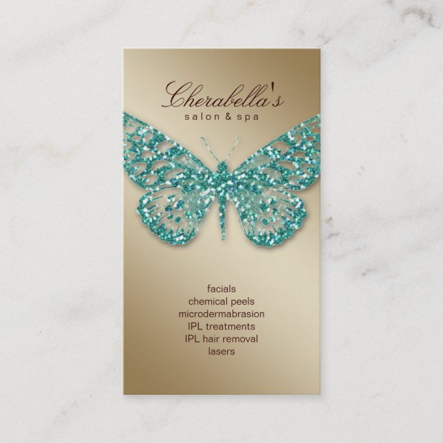 Beauty Business Card Salon Butterfly Teal Gold (Front)