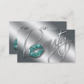 Beauty Business Card Teal Sparkle Lips Silver Text (Front/Back)