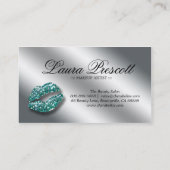 Beauty Business Card Teal Sparkle Lips Silver Text (Back)