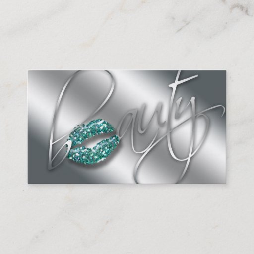 Customizable Beauty Business Card Teal Sparkle Lips Silver Text