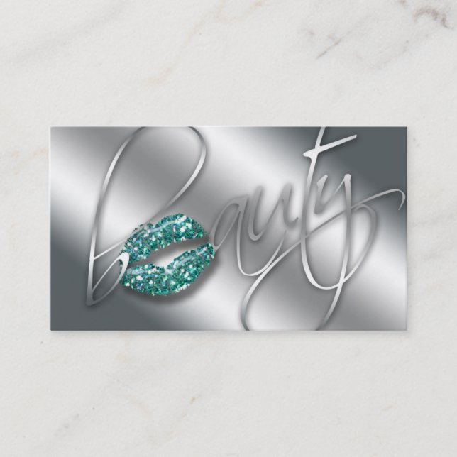 Beauty Business Card Teal Sparkle Lips Silver Text (Front)