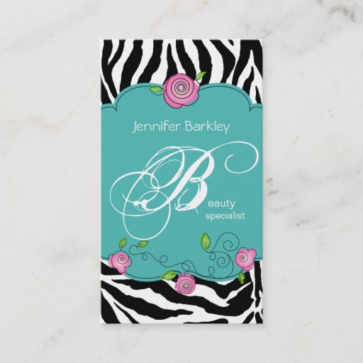 Customizable Beauty Business Card Zebra Rose Salon Pink Blue