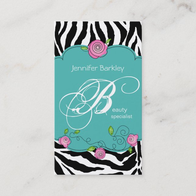 Beauty Business Card Zebra Rose Salon Pink Blue (Front)