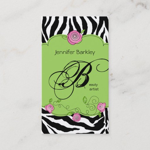 Customizable Beauty Business Card Zebra Rose Salon Pink Green