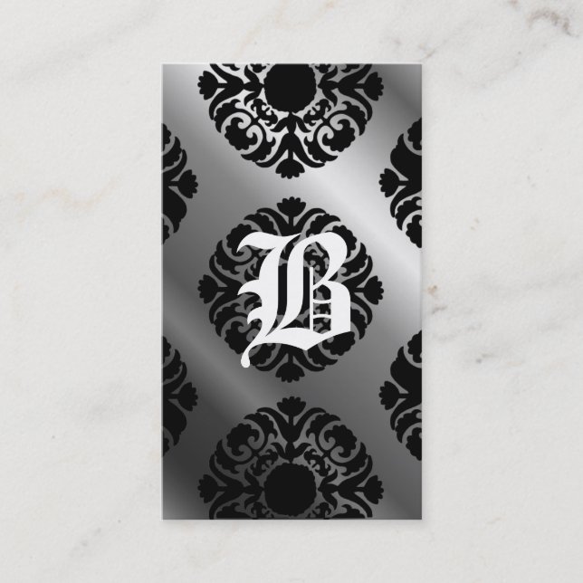 Beauty Business Cards Damask Monogram Silver Black (Front)