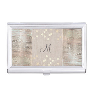 Beauty Consultant Chic Monogram Sequins and Linen Business Card Holder