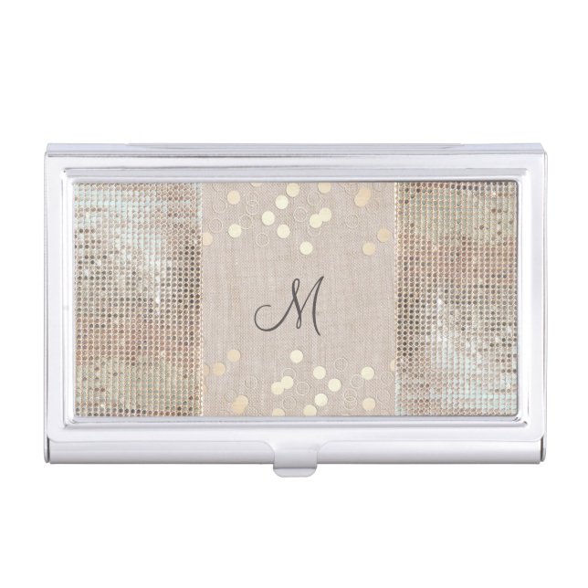 Beauty Consultant Chic Monogram Sequins and Linen Business Card Holder (Front)