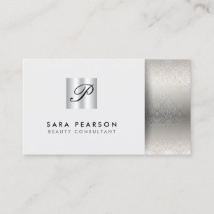 Beauty Consultant Elegant Silver Monogram Damask Business Card