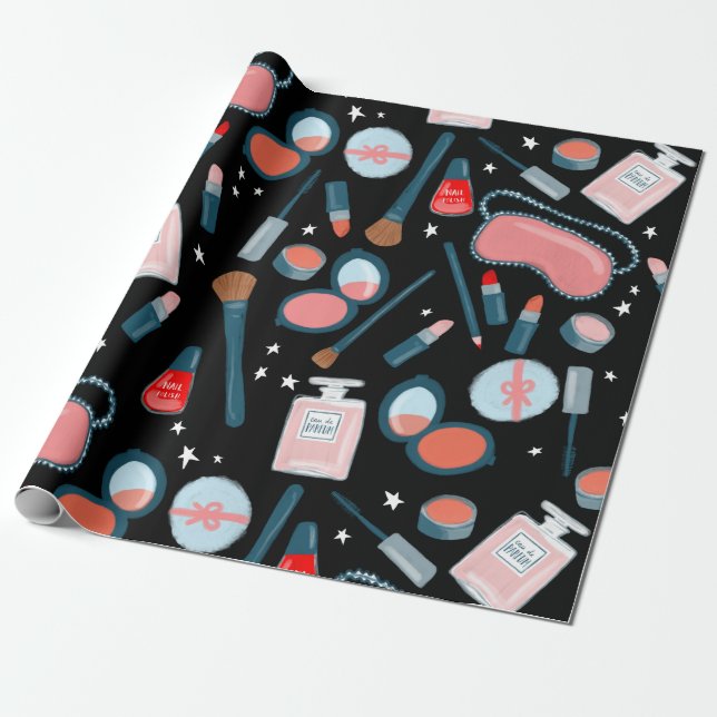 Beauty cosmetics pattern black gift wrap (Unrolled)