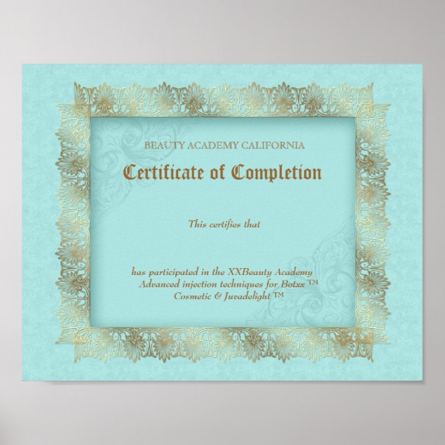 Beauty Diploma Certificate of Completion Blue Gold Poster (Front)
