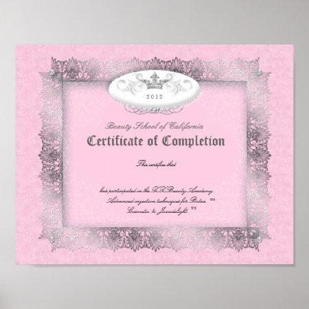 Beauty Diploma Certificate Of Completion Pink Poster