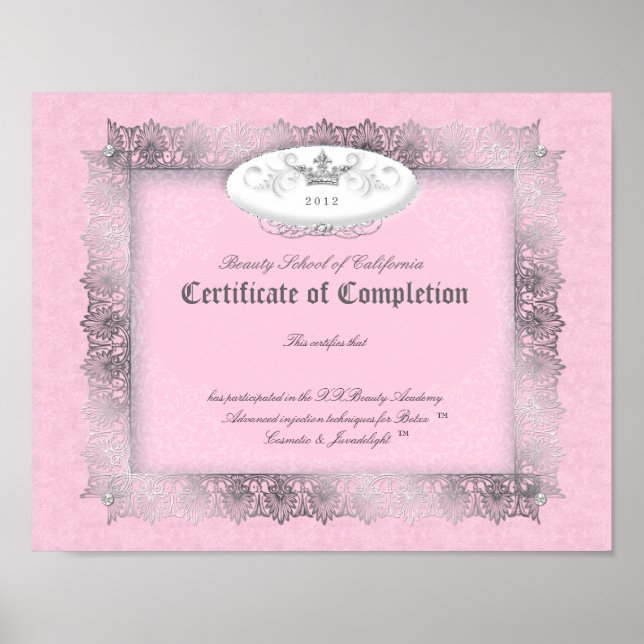 Beauty Diploma Certificate of Completion Pink Poster (Front)