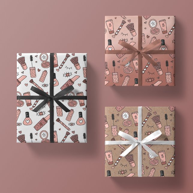 beauty doodles cute pink makeup + cosmetics  gift wrapping paper sheets (Creator Uploaded)
