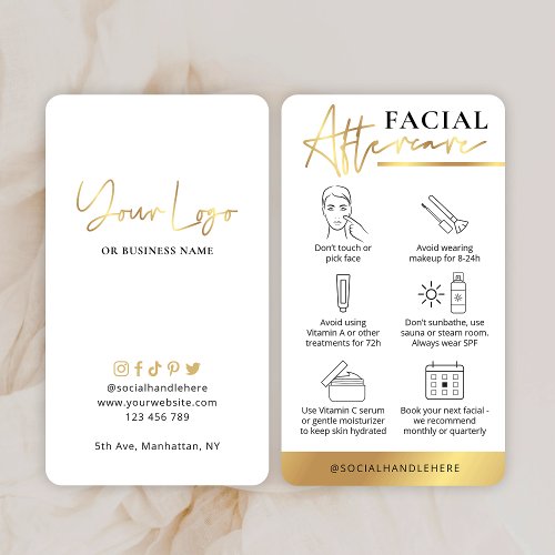 Beauty Facial Aftercare Guide White  Gold Logo Business Card