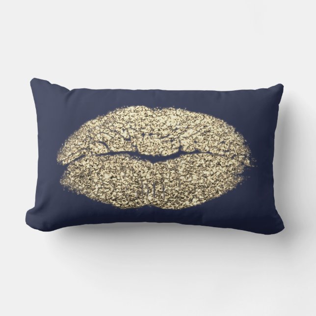 Beauty Faux Gold Lip Glitter Blue Navy Makeup Kiss Lumbar Pillow (Front)