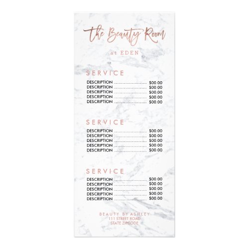 Beauty FAUX rose gold typography marble price list Rack Card