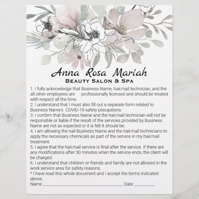 *~*  Beauty Floral Liability Waiver Services Flyer (Front)