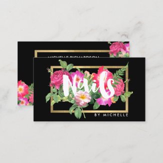 Beauty Florals Nail Salon Black Business Card
