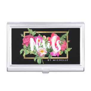 Beauty Florals Nail Salon Black Case For Business Cards