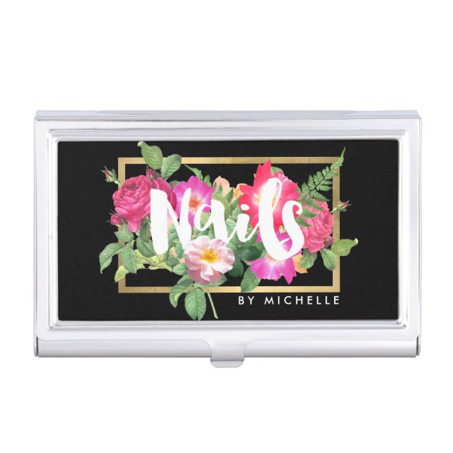Beauty Florals Nail Salon Black Case For Business Cards (Front)