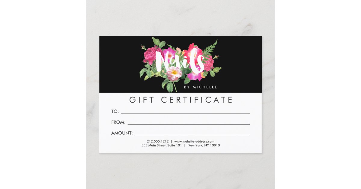 Beauty Florals Nail Salon Black Gift Certificate | Zazzle.com