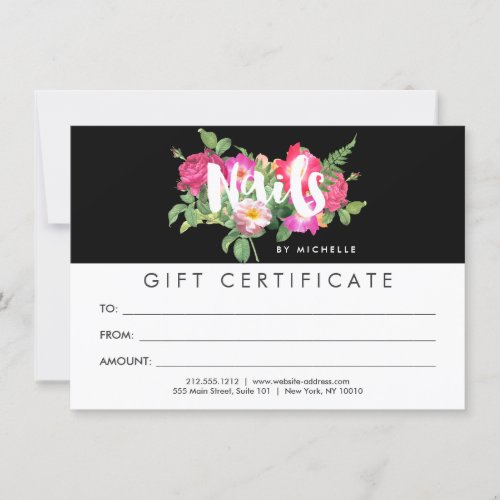 Beauty Florals Nail Salon Black Gift Certificate