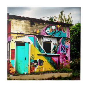 Beauty in Destruction Colorful Graffiti Abandoned Ceramic Tile