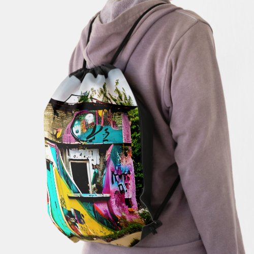 Beauty in Destruction  Colorful Graffiti Abandoned Drawstring Bag