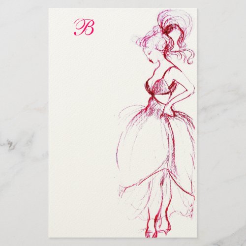 BEAUTY IN PINK DRESS MONOGRAM STATIONERY