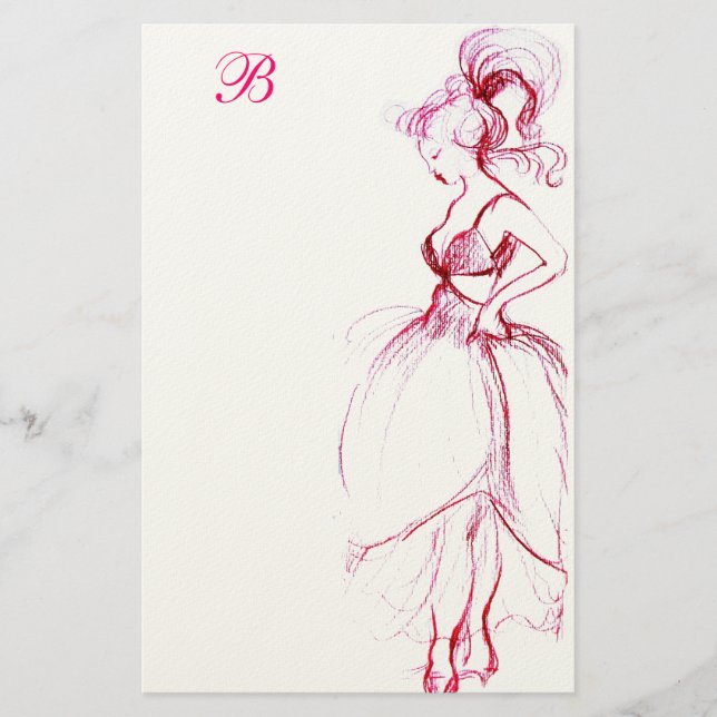 BEAUTY IN PINK DRESS MONOGRAM STATIONERY (Front)