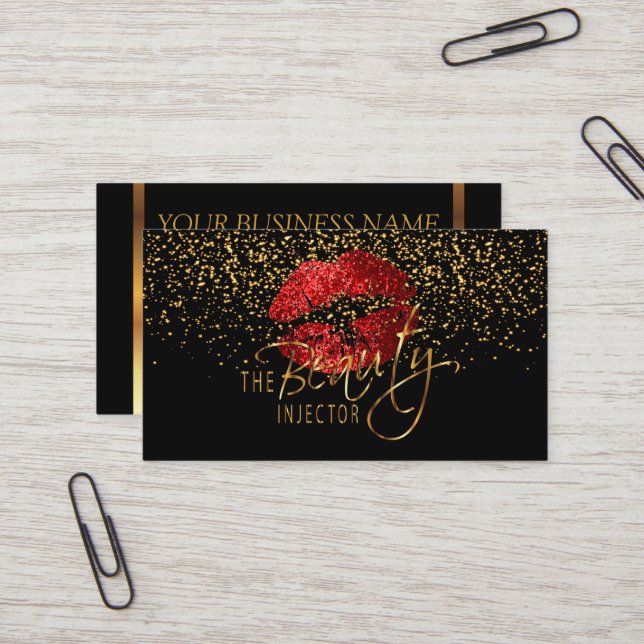 Beauty Injector with Gold Confetti & Red Lips Business Card (Front/Back In Situ)