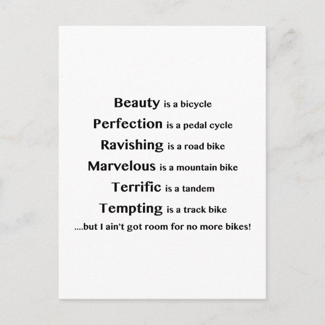 Beauty is a bicycle postcard (Front)