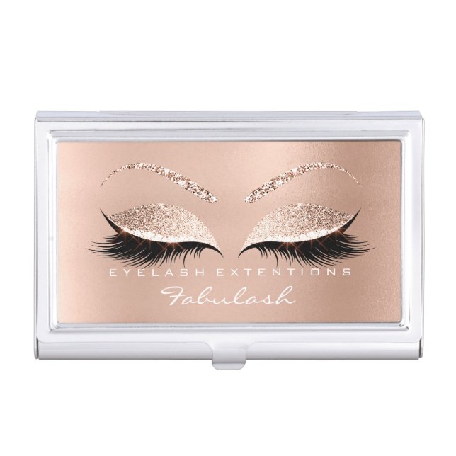 Beauty Lashes Makeup Stylist Rose Gold Pink Name Business Card Case (Front)