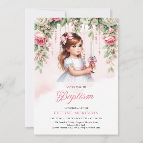 Beauty little girl with candle blush roses wreath invitation