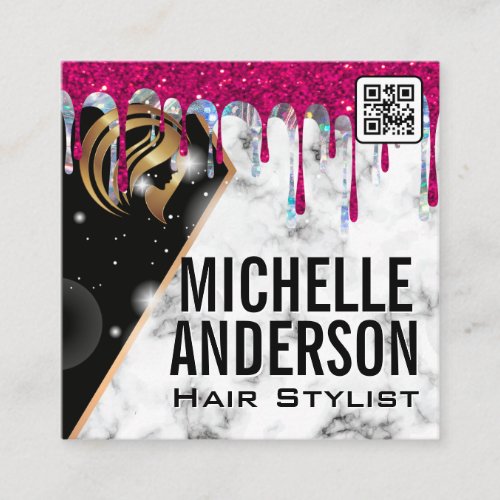 Beauty Logo  QR Code  Marble Glitter Drip Square Business Card